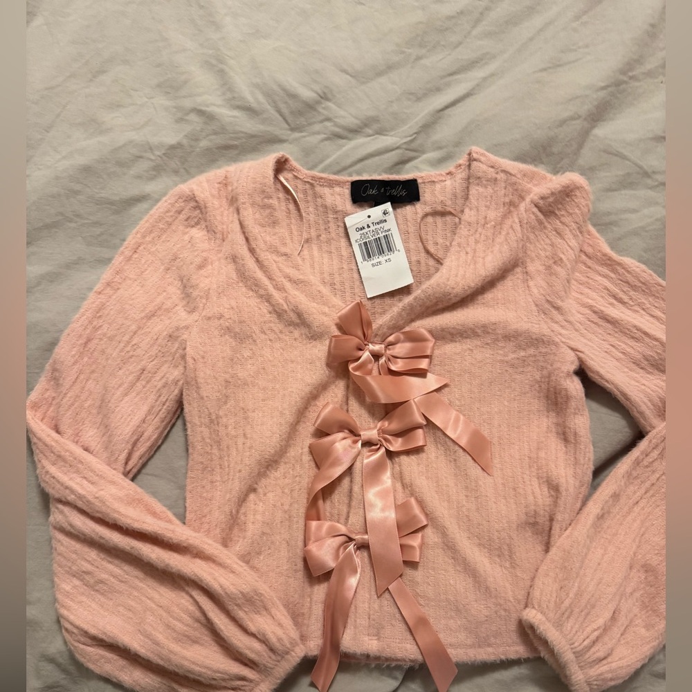 🎀 Oak & Trellis Fuzzy Pink Button Cardigan w/ Satin Bows NWT XS